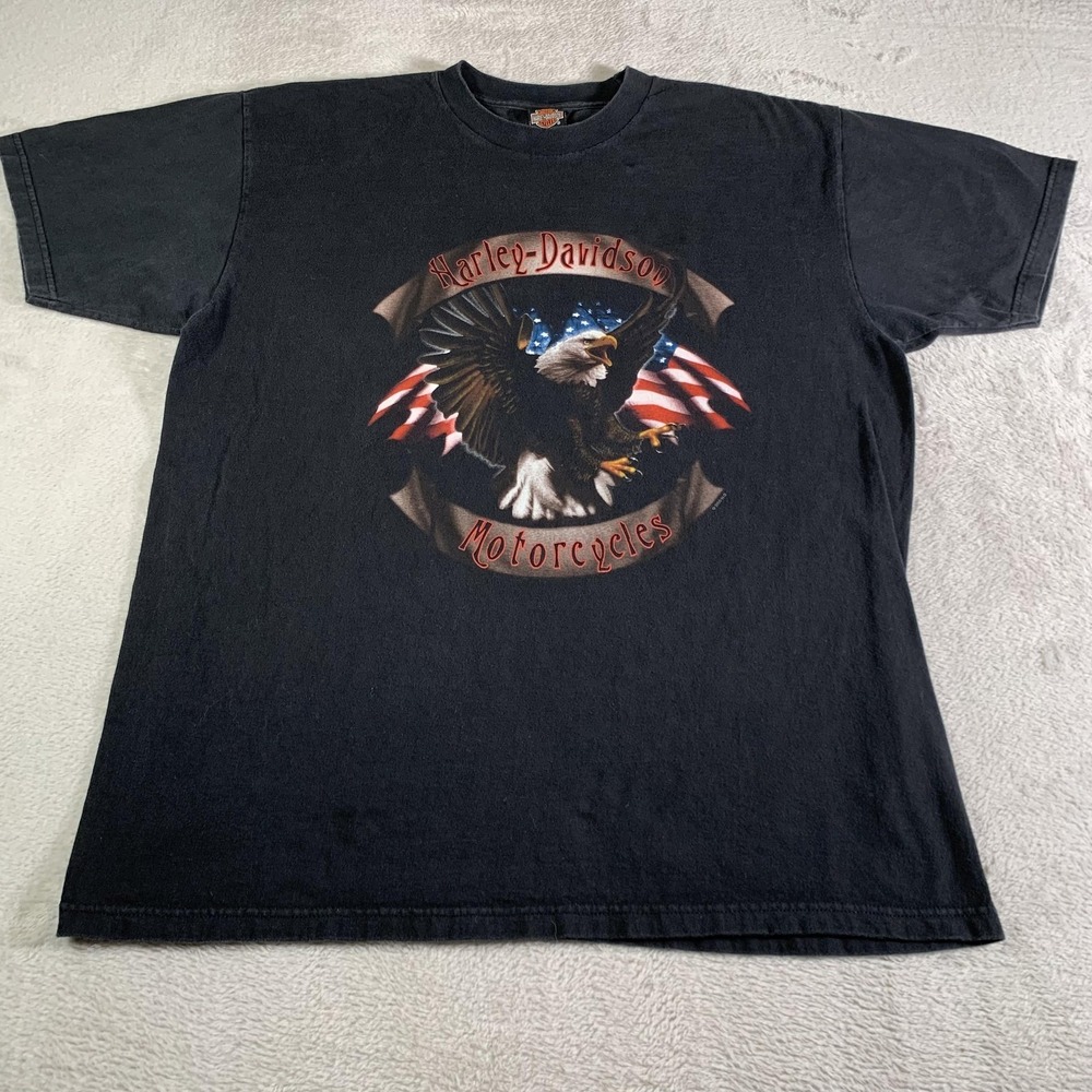 Vintage Harley-Davidson Shirt Mens XL Black Eagle Flag Moto Fort Worth Texas